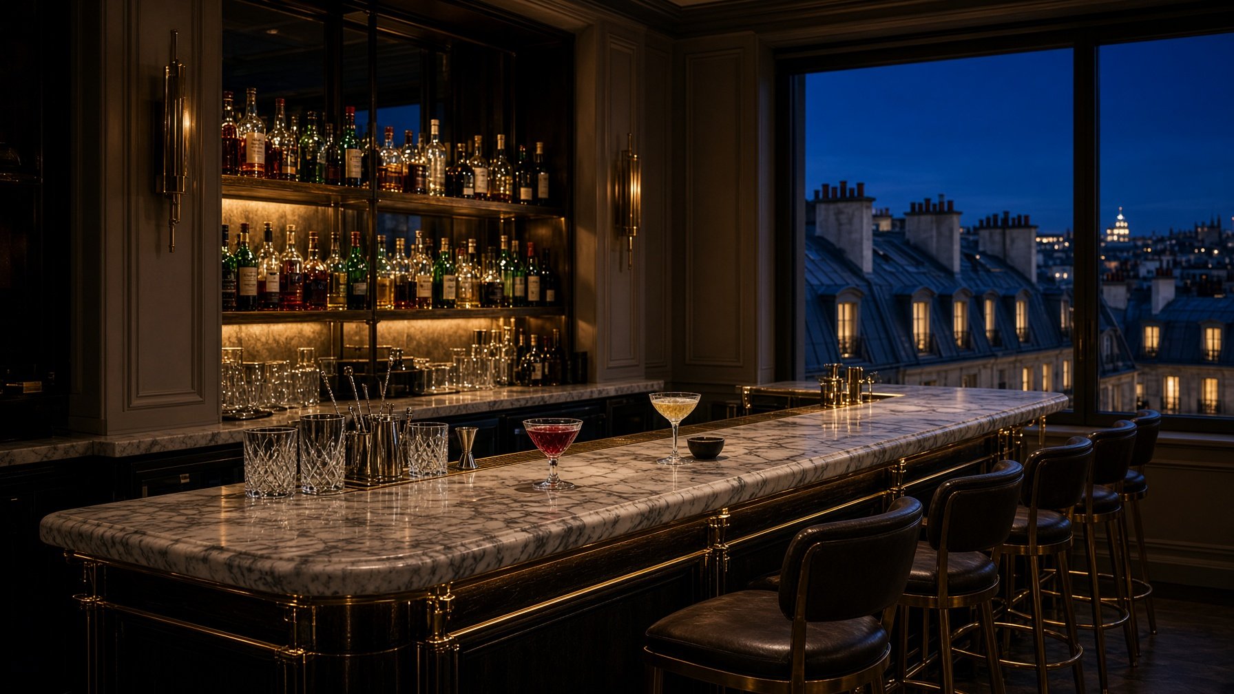 The marble bar counter at night, brass fittings and backlit spirits, zinc roofs and chimney pots through the window behind — illustrative AI-generated demo image.