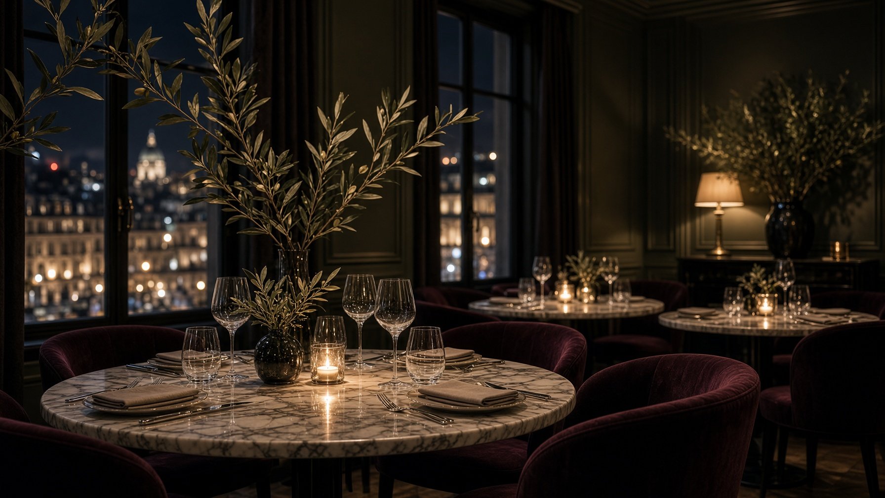The back room at night — burgundy velvet chairs, marble tables, olive branches and the lit city through tall windows — illustrative AI-generated demo image.