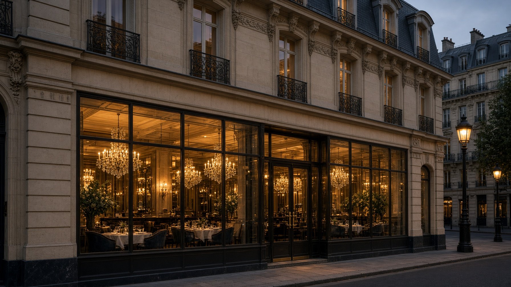 The full frontage at dusk — tall glazed windows under Haussmann stone, chandeliers and laid tables visible through the glass, street lamps lit along the empty pavement — illustrative AI-generated demo image.