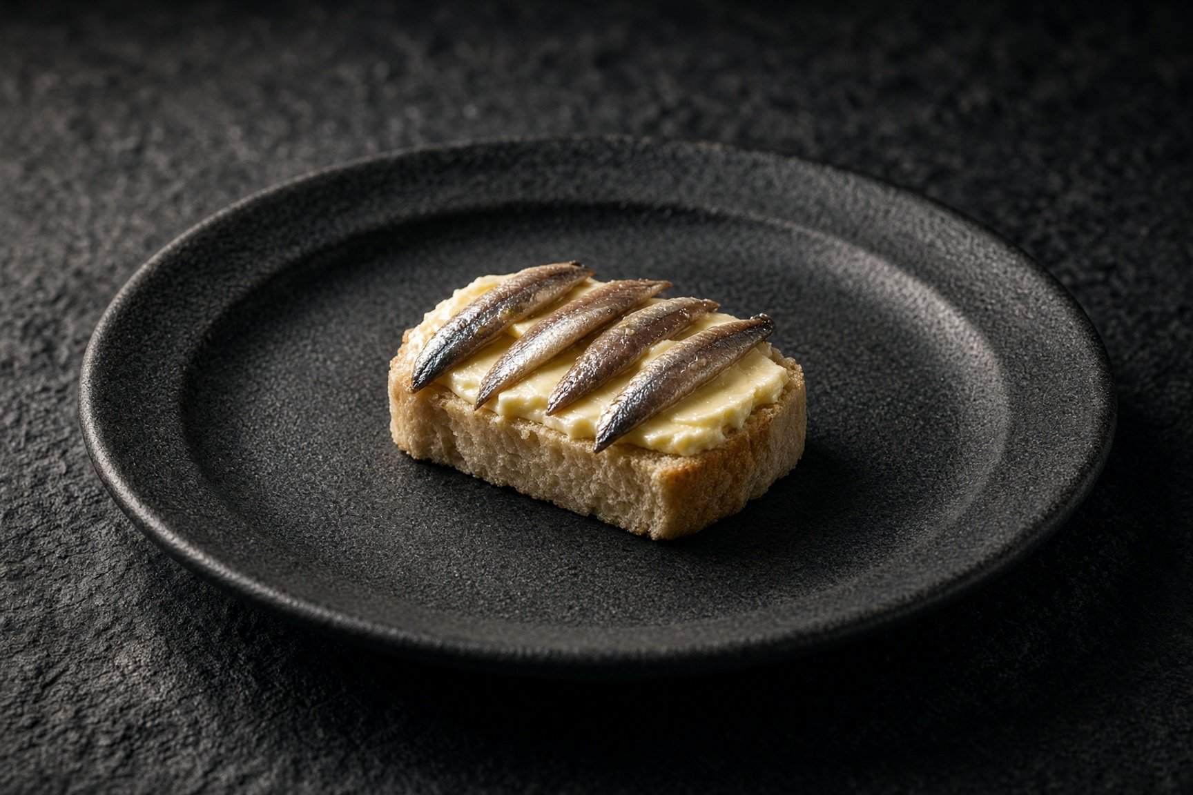 Five silver anchovy fillets laid across cold butter on a slice of bread, on a matt black plate — illustrative AI-generated demo image.