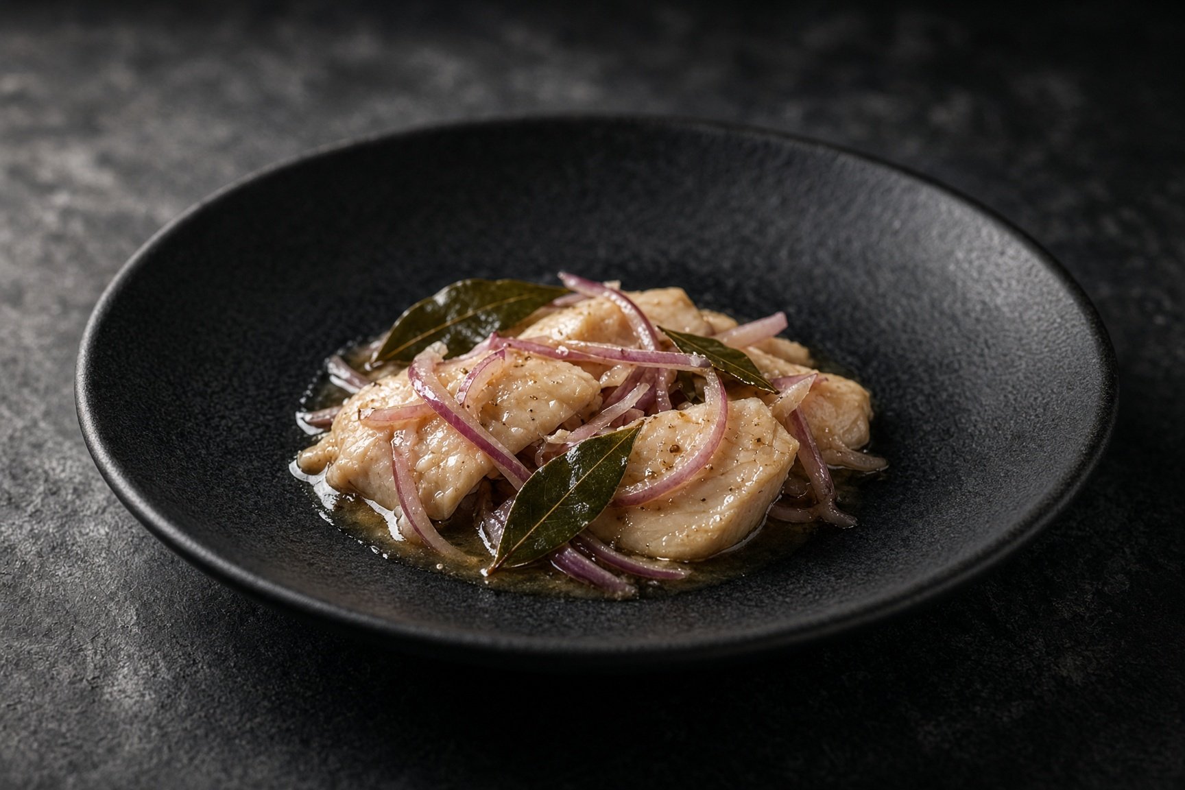 Pale bonito in escabeche with red onion and bay leaves on a matt black plate — illustrative AI-generated demo image.