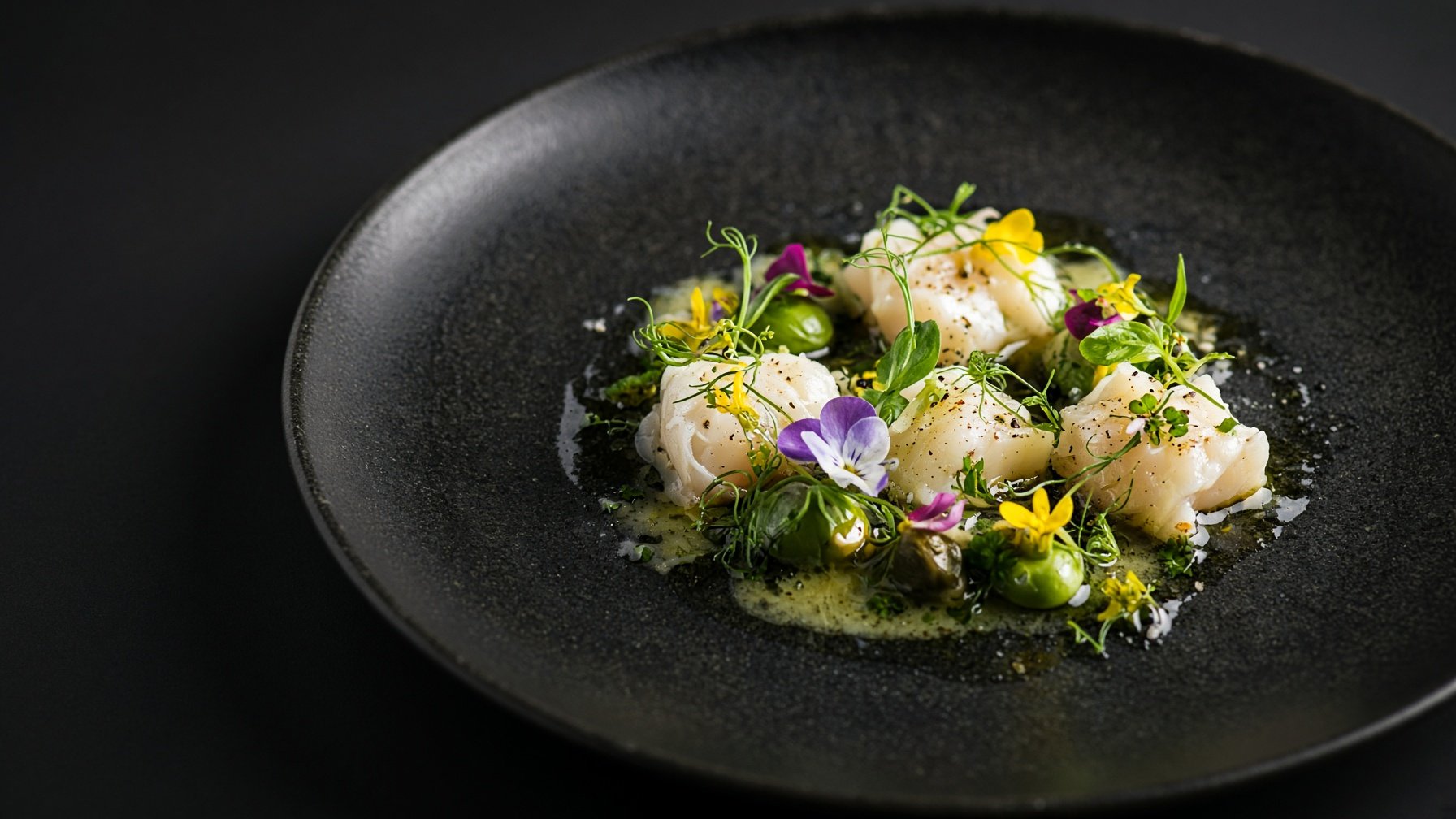 Raw scallops dressed with herb oil, capers, peas and edible flowers on a matt black plate — illustrative AI-generated demo image.