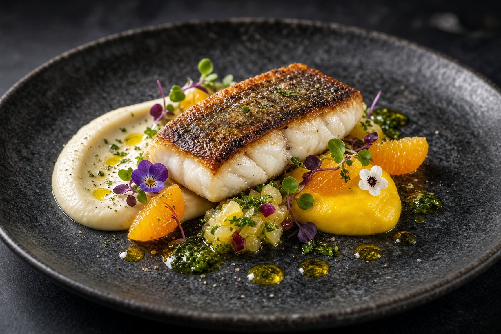 Line-caught sea bass, skin crisped, with cauliflower purée, saffron, citrus and herb oil on dark ceramic — illustrative AI-generated demo image.