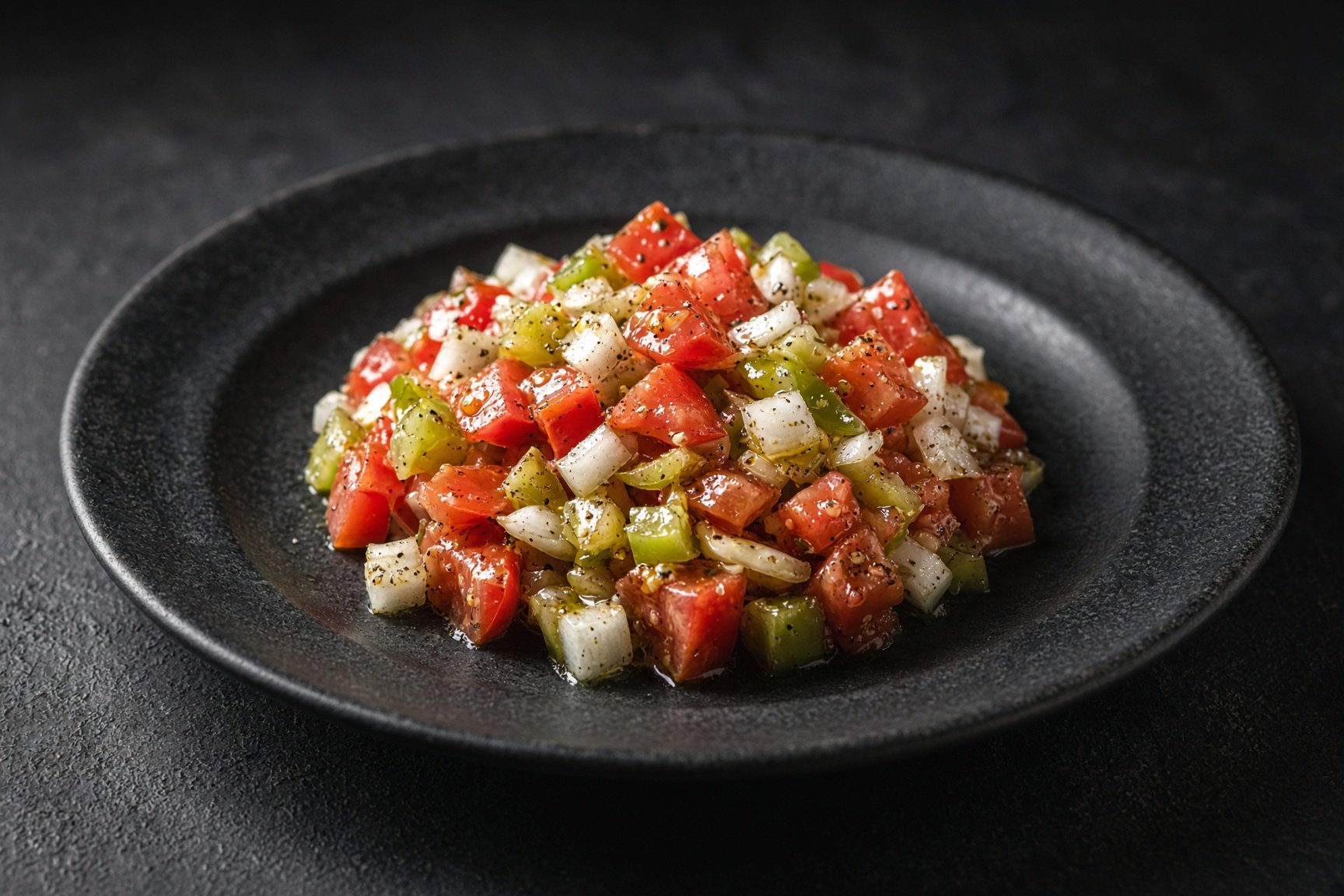 Coarsely chopped tomato, green pepper and white onion dressed with oil and pepper, on a matt black plate — illustrative AI-generated demo image.