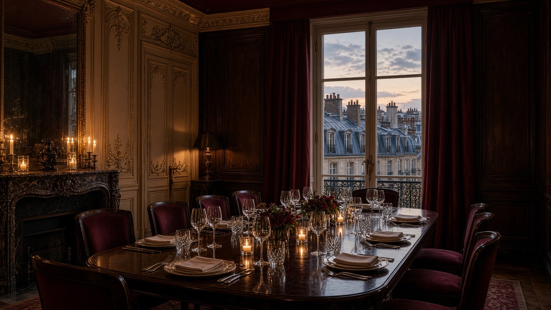 The private salon at dusk — one long table laid for twelve, burgundy chairs, boiserie and a marble chimneypiece, zinc roofs and chimney pots through the tall window — illustrative AI-generated demo image.